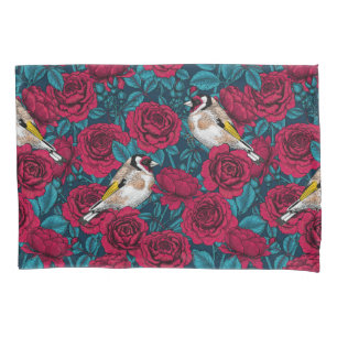 White rose flowers and goldfinch birds pillowcase