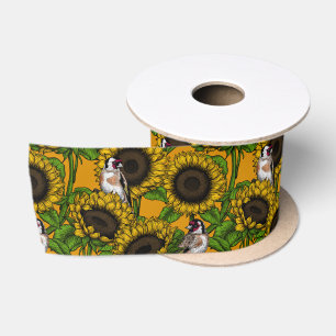 White rose flowers and goldfinch birds satin ribbon