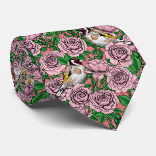 White rose flowers and goldfinch birds tie