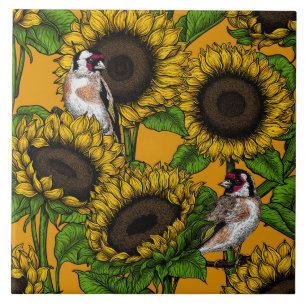White rose flowers and goldfinch birds tile