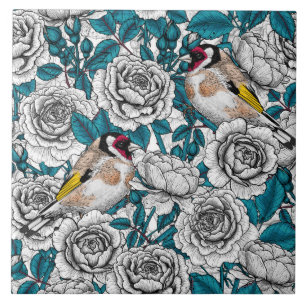 White rose flowers and goldfinch birds tile