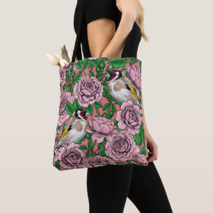 White rose flowers and goldfinch birds tote bag