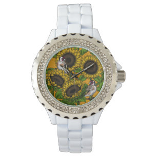 White rose flowers and goldfinch birds watch