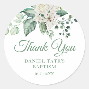 White Rose Flowers Eucalyptus Baptism Classic Round Sticker