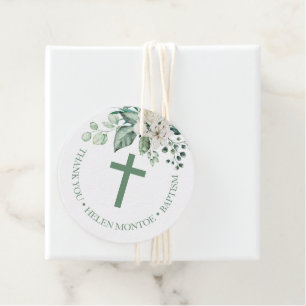 White Rose Flowers Eucalyptus Baptism Thank You Favour Tags
