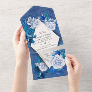 White Rose Flowers on Blue pattern paper  All In One Invitation