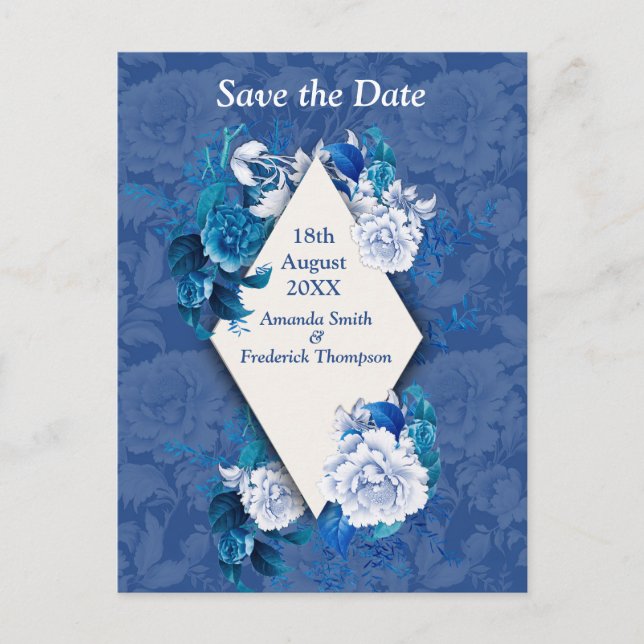 White Rose Flowers on Blue pattern paper  Announcement Postcard (Front)