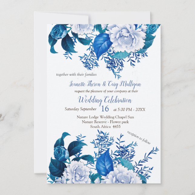 White Rose Flowers on Blue pattern paper  Invitation (Front)