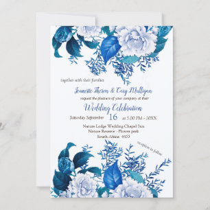 White Rose Flowers on Blue pattern paper  Invitation