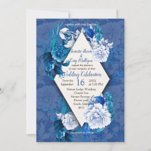 White Rose Flowers on Blue pattern paper  Invitation