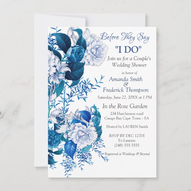 White Rose Flowers on Blue pattern paper  Invitation (Front)