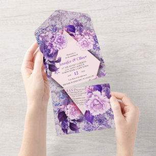 White Rose Flowers on Violet pattern paper  All In One Invitation
