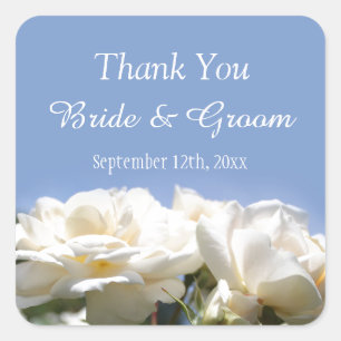 white rose flowers wedding favour thank you square sticker