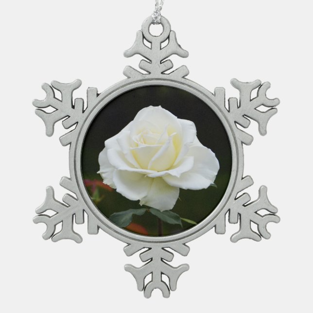 White rose for Xmas Snowflake Pewter Christmas Ornament (Front)
