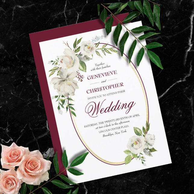 White Rose Formal Burgundy Floral Wedding Invitation (Formal Burgundy White Rose Floral Botanical Wedding Invitation)
