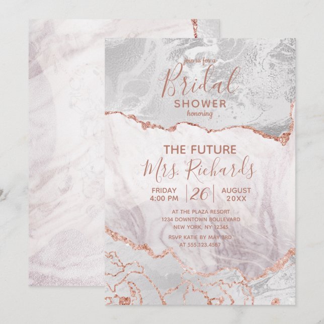 White & Rose Gold Agate Bridal Shower Invitation (Front/Back)