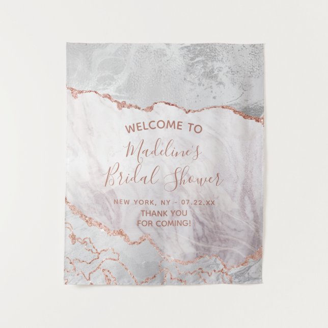 White & Rose Gold Agate Gilt Bridal Shower Welcome Tapestry (Front)