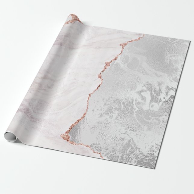 White & Rose Gold Agate Marble Foil Gilded Geode Wrapping Paper (Unrolled)