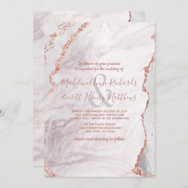 White & Rose Gold Agate Marble Foil Gilded Wedding Invitation (Front/Back)