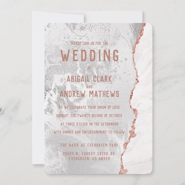 White & Rose Gold Agate Marble Foil Gilt Wedding Invitation (Front)