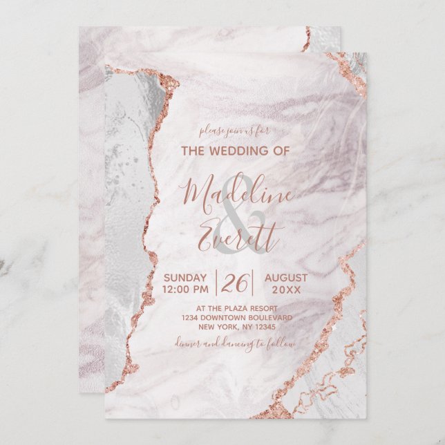 White & Rose Gold Agate Marble Foil Modern Wedding Invitation (Front/Back)