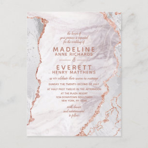White & Rose Gold Agate Marble Foil Modern Wedding Invitation Postcard