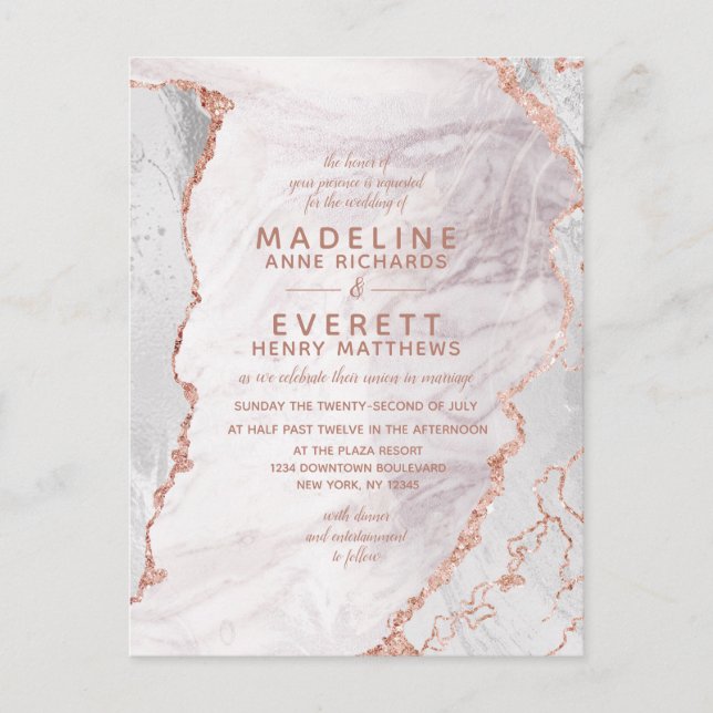 White & Rose Gold Agate Marble Foil Modern Wedding Invitation Postcard (Front)