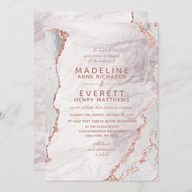White & Rose Gold Agate Marble Foil Trendy Wedding Invitation (Front/Back)
