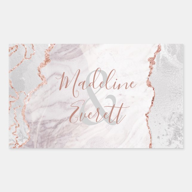 White & Rose Gold Agate Marble Monogram Wedding Rectangular Sticker (Front)