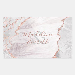 White & Rose Gold Agate Marble Monogram Wedding Rectangular Sticker