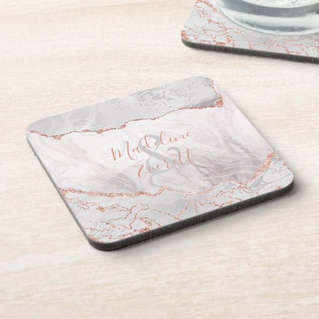 White & Rose Gold Agate Marble Wedding Monogram Coaster (Left Side)