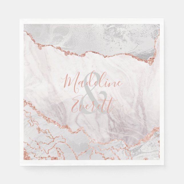 White & Rose Gold Agate Marble Wedding Monogram Napkin (Front)