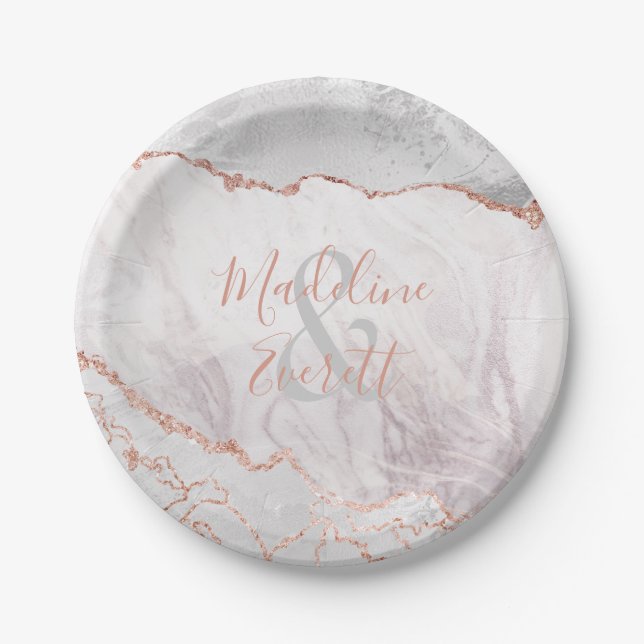 White & Rose Gold Agate Marble Wedding Monogram Paper Plate (Front)