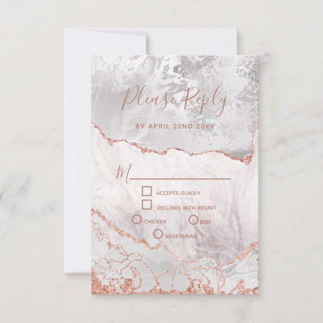 White & Rose Gold Agate Marble Wedding RSVP Reply Card (Front)