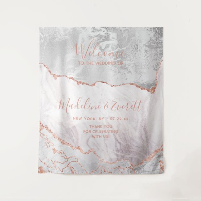 White & Rose Gold Agate Marble Wedding Welcome Tapestry (Front)