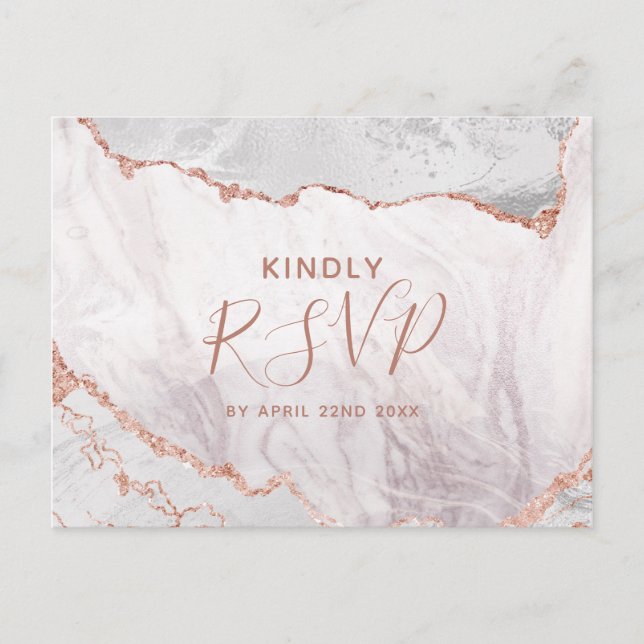 White & Rose Gold Agate Wedding Meal Choice RSVP Invitation Postcard (Front)