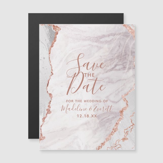White & Rose Gold Agate Wedding Save the Date Magnetic Invitation (Front/Back)