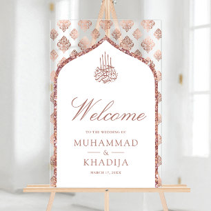 White Rose Gold Arch Muslim Wedding Welcome Acrylic Sign