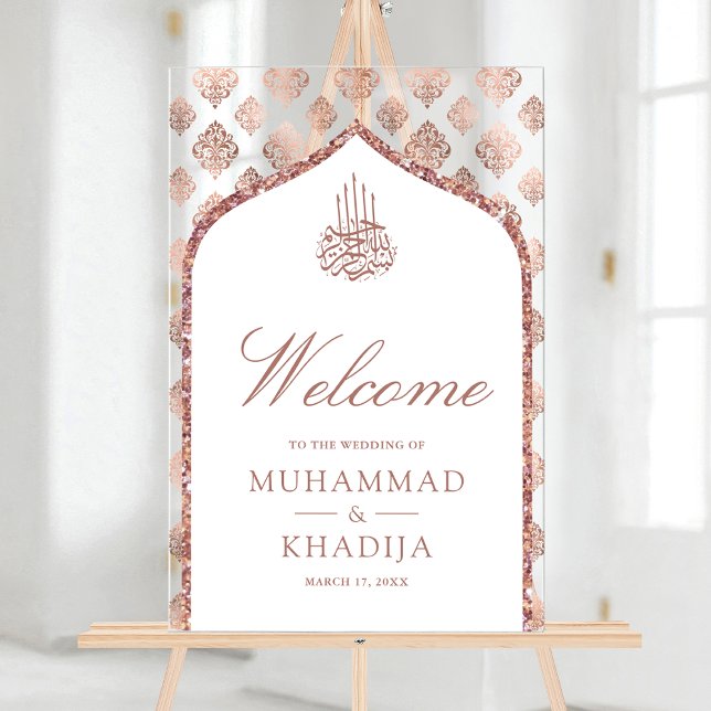 White Rose Gold Arch Muslim Wedding Welcome Acrylic Sign (Creator Uploaded)