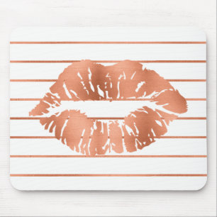 White Rose Gold Blush Copper Stripes Lips Kiss Mouse Mat