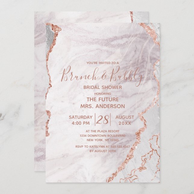 White & Rose Gold Brunch & Bubbly Bridal Shower Invitation (Front/Back)