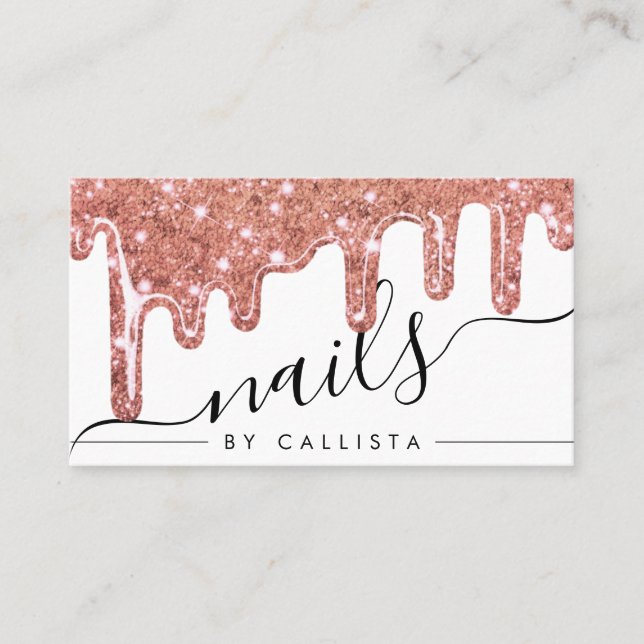 White Rose Gold Chunky Glitter Thick Drips Nails Business Card (Front)
