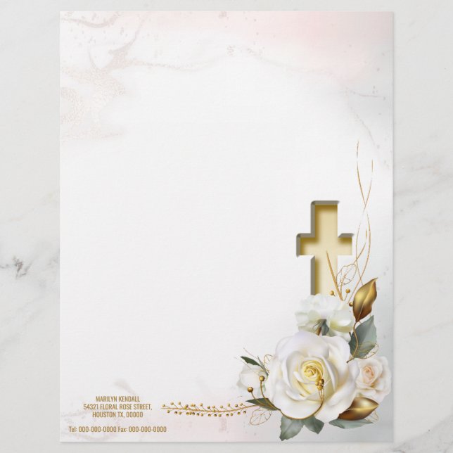 White Rose Gold Cross Floral Custom Letterhead (Front)