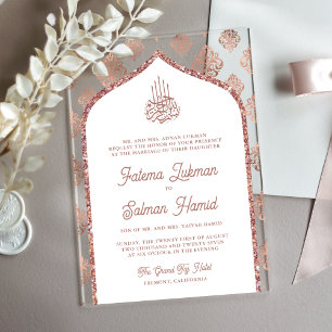 White Rose Gold Damask Arch Muslim Wedding Acrylic Invitations