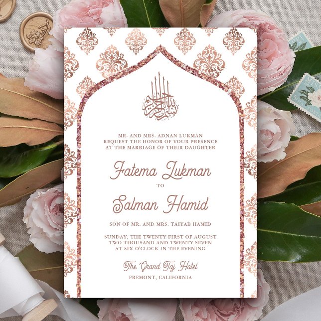 White Rose Gold Damask Arch Muslim Wedding Invitation (Creator Uploaded)