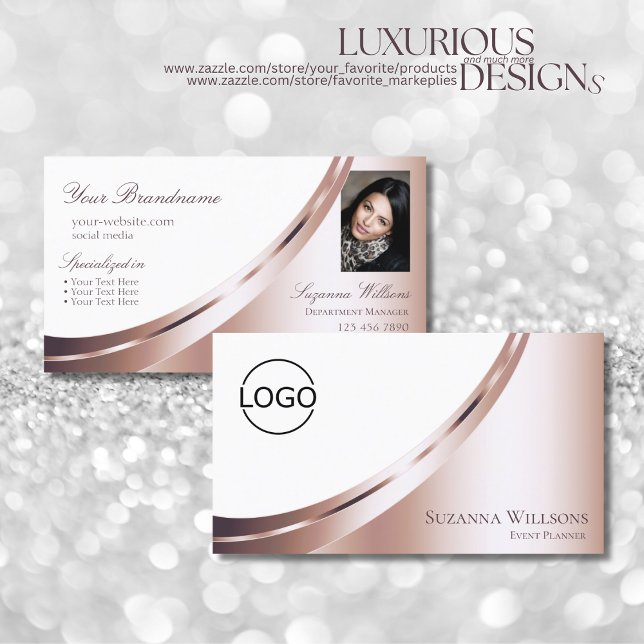White Rose Gold Decor with Logo and Photo Luxury Business Card (Creator Uploaded)