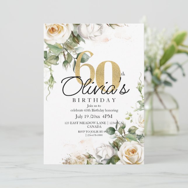 White Rose  & Gold  Dusty Elegant 60th Birthday Invitation (Standing Front)