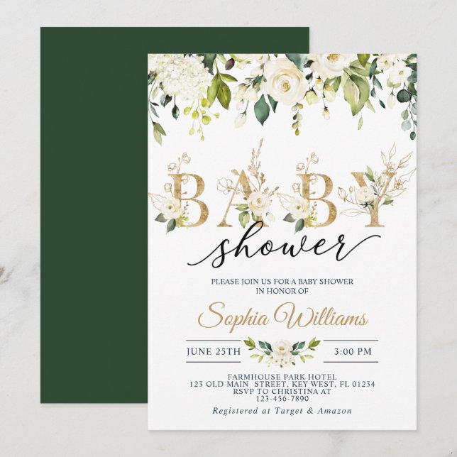 White Rose & Gold Eucalyptus Baby Shower  Invitation (Front/Back)