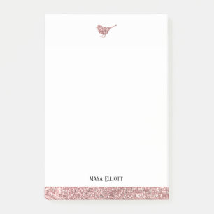White & Rose Gold Faux Glitter Bird & Border, Name Post-it Notes
