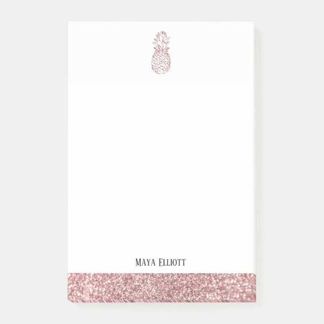 White + Rose Gold Faux Glitter Pineapple & Border Post-it Notes (Front)